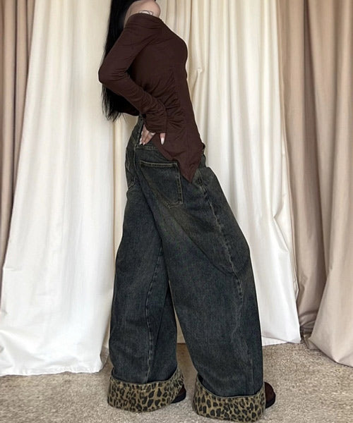 レオパード柄ロールアップワイドデニムパンツ / 15451