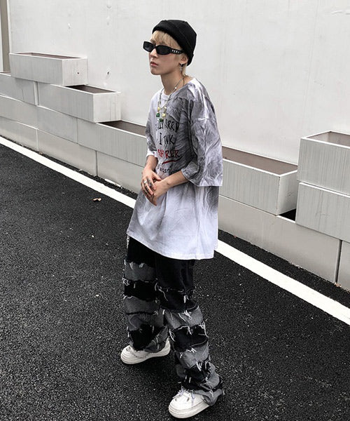 ボーダーダメージ加工ワイドデニムパンツ / 15595