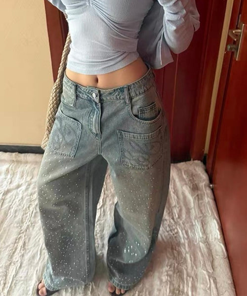 ラインストーンロゴ刺繍ワイドデニムパンツ / 15700