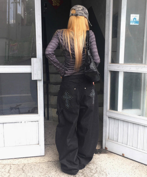 レオパード柄クロス刺繍カーブデニムパンツ / 15561