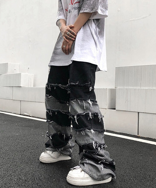 ボーダーダメージ加工ワイドデニムパンツ / 15595