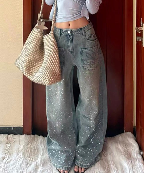 ラインストーンロゴ刺繍ワイドデニムパンツ / 15700