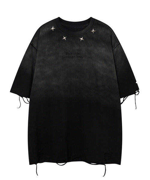 刺繍ロゴスタッズダメージ加工Tシャツ / 15691