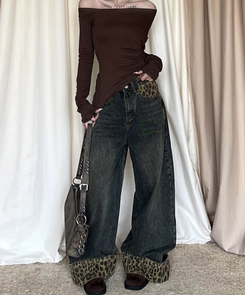 レオパード柄ロールアップワイドデニムパンツ / 15451