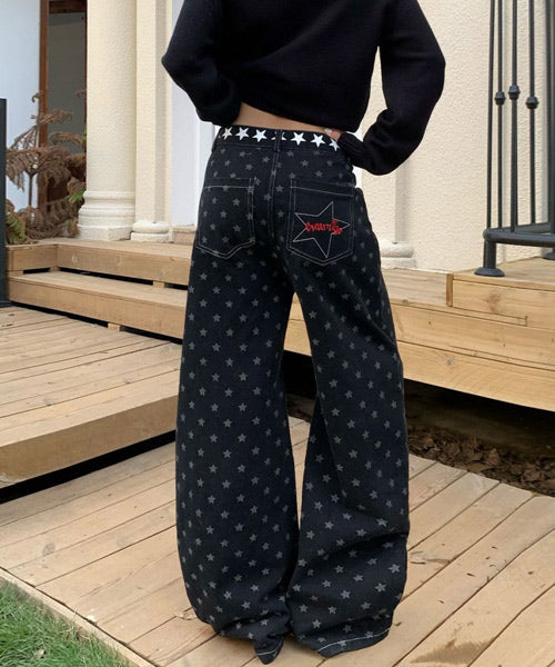 レースアップ星柄ワイドデニムパンツ / 15541