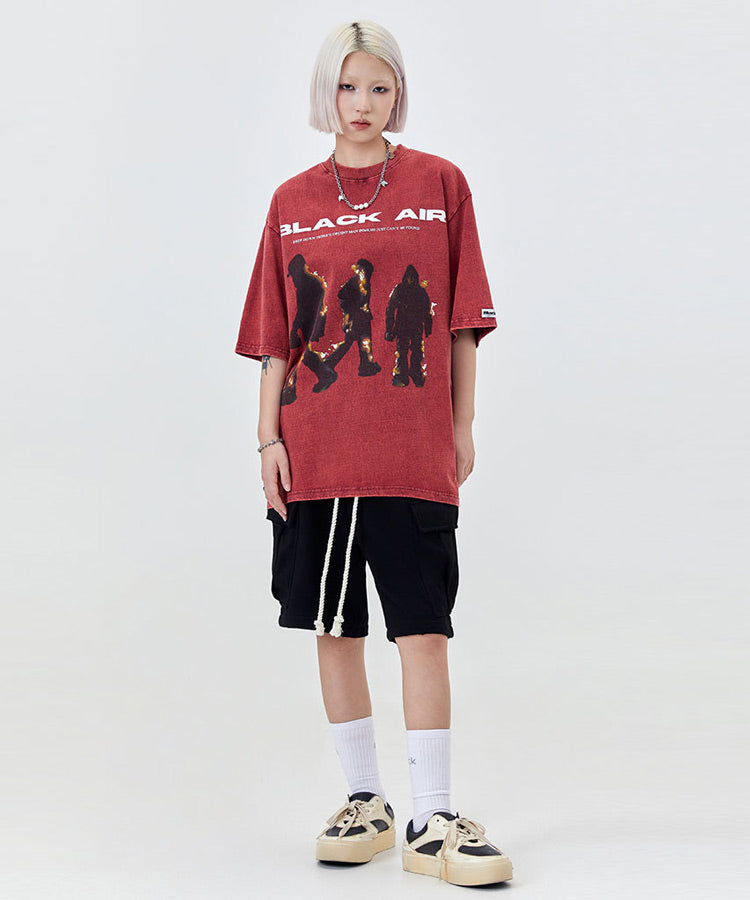 ウォッシュ加工ファイヤープリントTシャツ