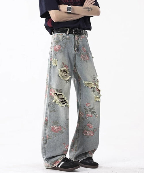 花柄ダメージ加工ルーズデニムパンツ / 15655
