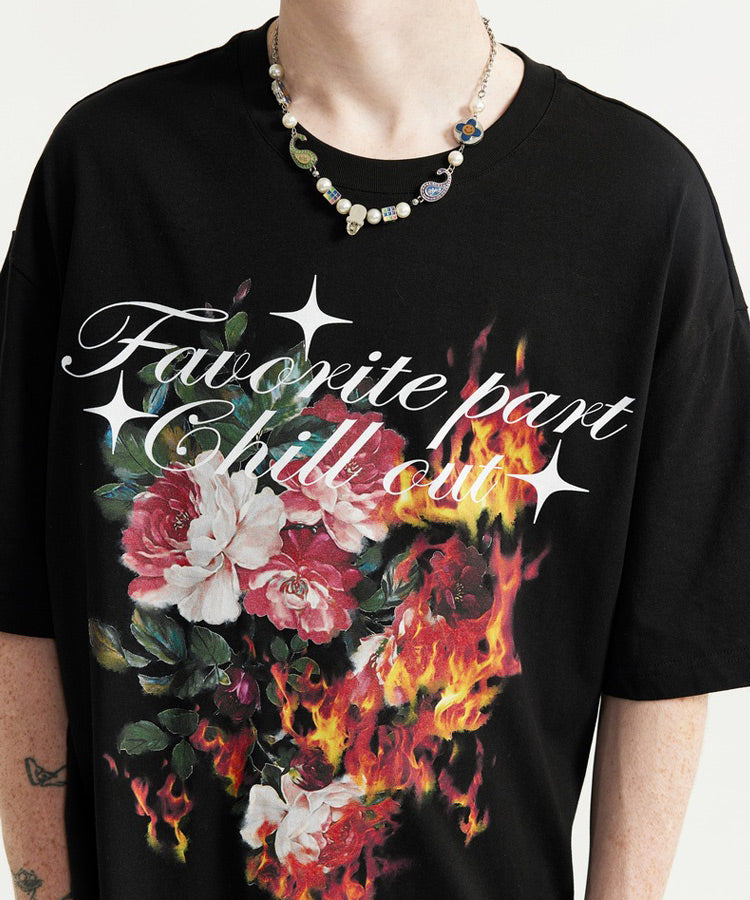 メッセージ＆ファイヤーフラワーグラフィックプリントTシャツ