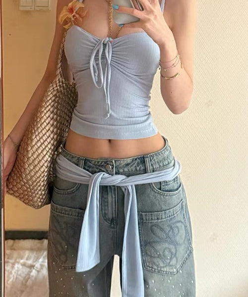 ラインストーンロゴ刺繍ワイドデニムパンツ / 15700