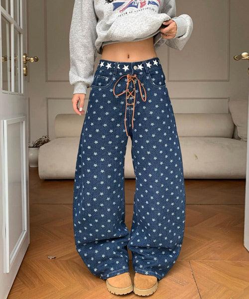 レースアップ星柄ワイドデニムパンツ / 15541