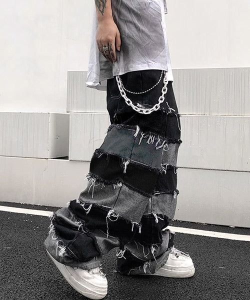 ボーダーダメージ加工ワイドデニムパンツ / 15595