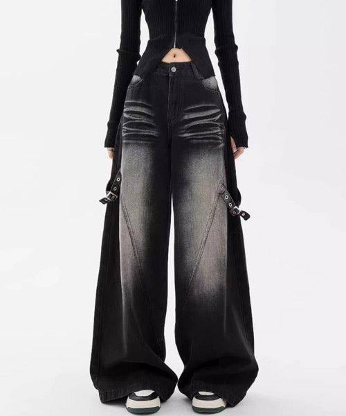 サイドベルトブラックデニムパンツ / 15454