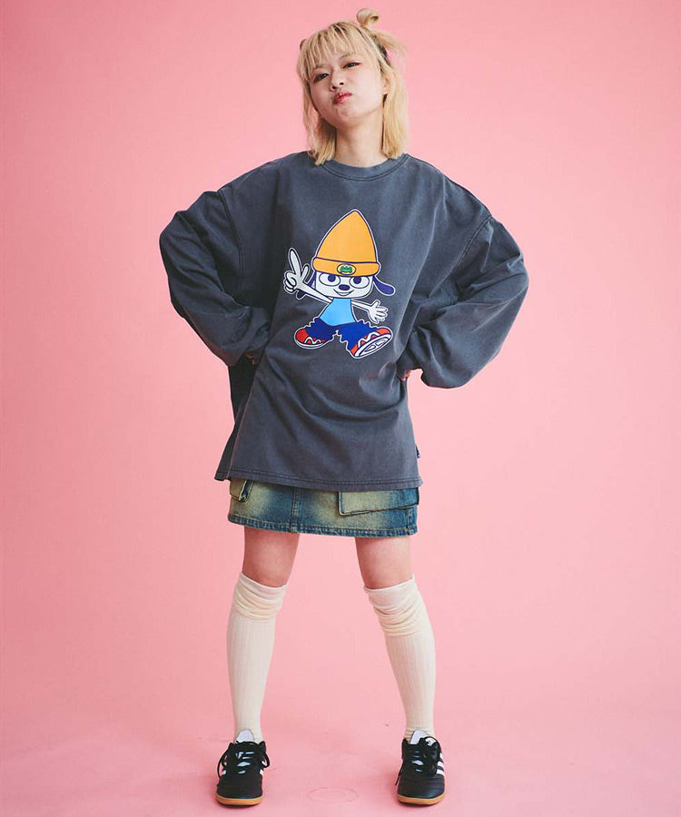 ピースサインパラッパロゴプリントピグメント加工ロンTEE