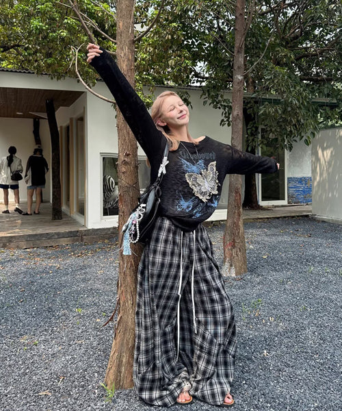 ダブルウエストチェック柄ワイドパンツ / 15558