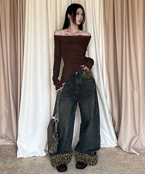 レオパード柄ロールアップワイドデニムパンツ / 15451