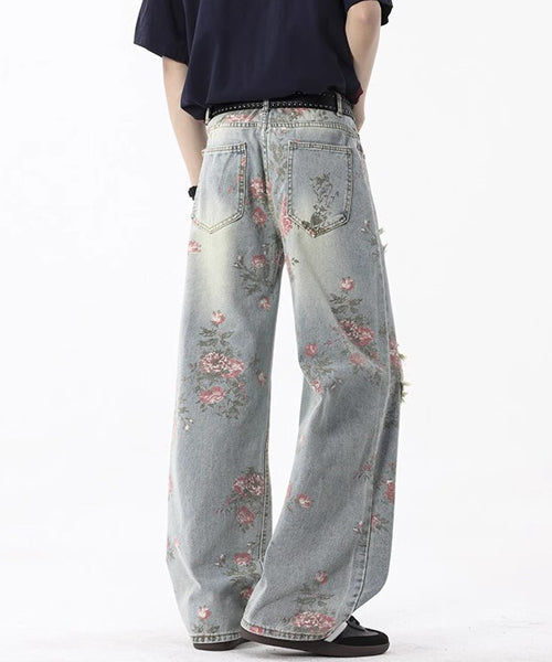 花柄ダメージ加工ルーズデニムパンツ / 15655