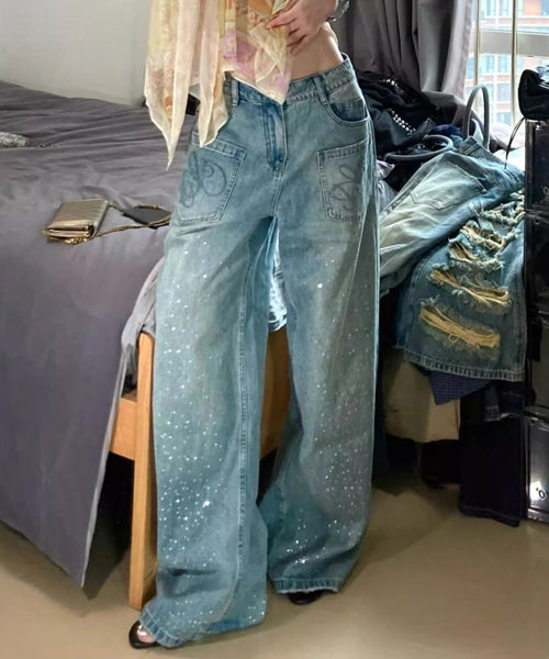 ラインストーンロゴ刺繍ワイドデニムパンツ / 15700