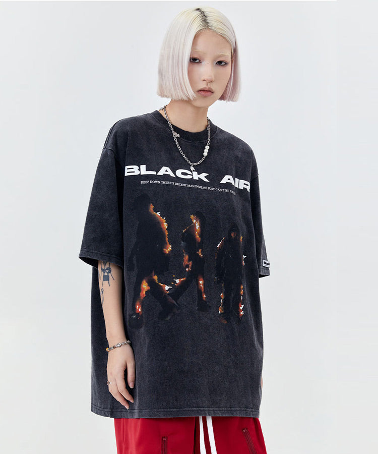 ウォッシュ加工ファイヤープリントTシャツ