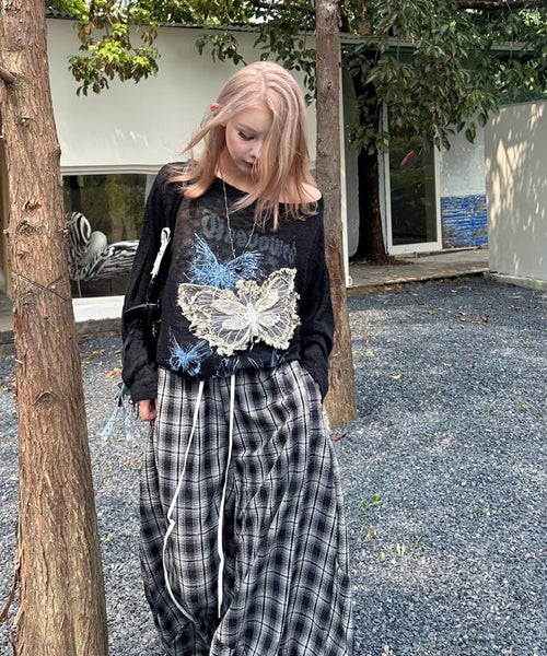 ダブルウエストチェック柄ワイドパンツ / 15558