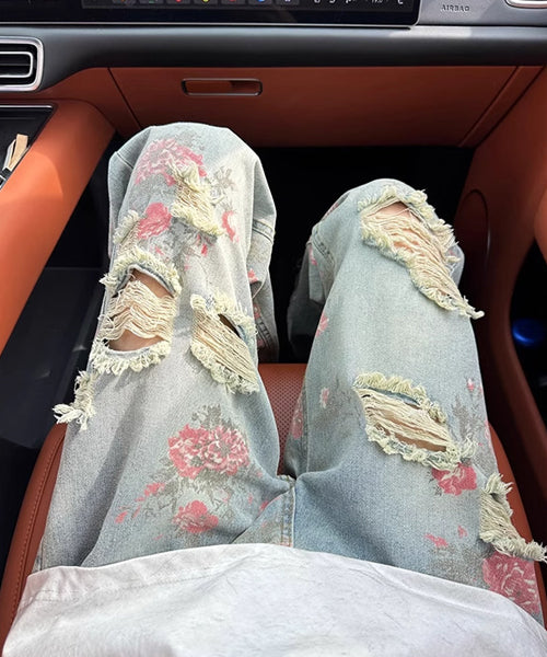 花柄ダメージ加工ルーズデニムパンツ / 15655