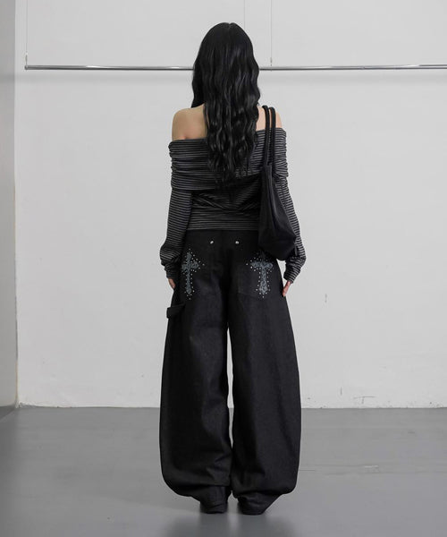 レオパード柄クロス刺繍カーブデニムパンツ / 15561