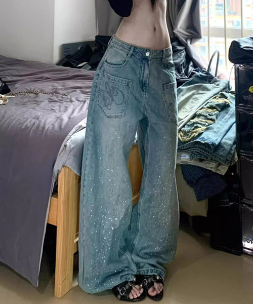 ラインストーンロゴ刺繍ワイドデニムパンツ / 15700