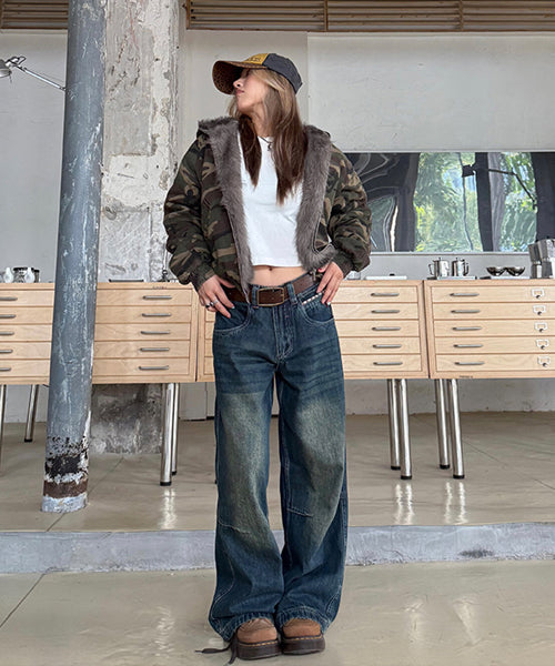 カモフラージュ柄ファーフードブルゾン / 15453