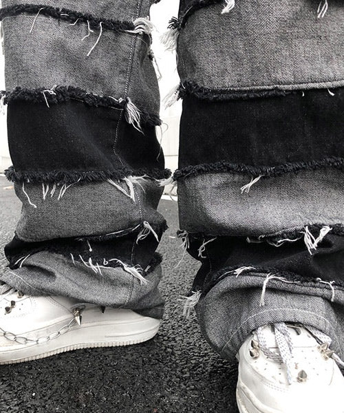 ボーダーダメージ加工ワイドデニムパンツ / 15595