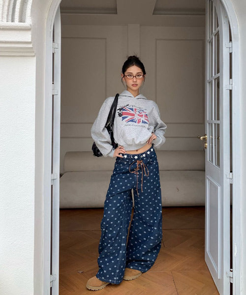 レースアップ星柄ワイドデニムパンツ / 15541