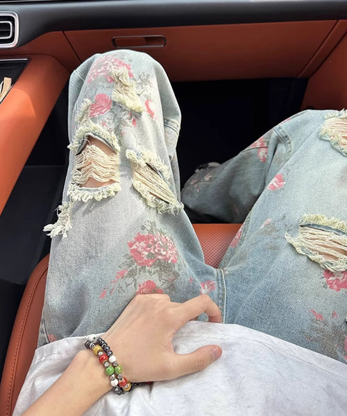 花柄ダメージ加工ルーズデニムパンツ / 15655