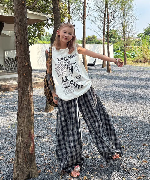 ダブルウエストチェック柄ワイドパンツ / 15558