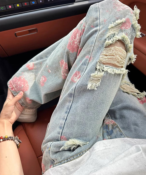 花柄ダメージ加工ルーズデニムパンツ / 15655