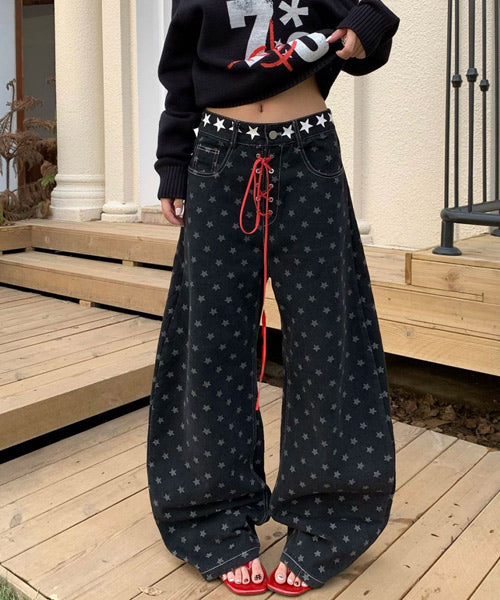 レースアップ星柄ワイドデニムパンツ / 15541