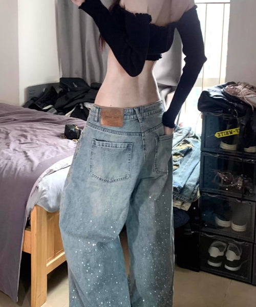 ラインストーンロゴ刺繍ワイドデニムパンツ / 15700