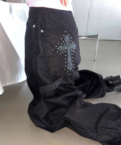 レオパード柄クロス刺繍カーブデニムパンツ / 15561