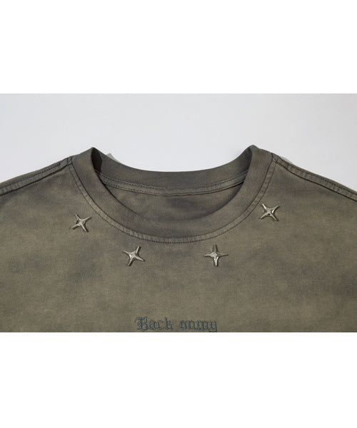 刺繍ロゴスタッズダメージ加工Tシャツ / 15691