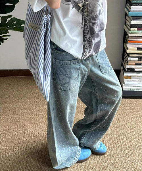 ラインストーンロゴ刺繍ワイドデニムパンツ / 15700