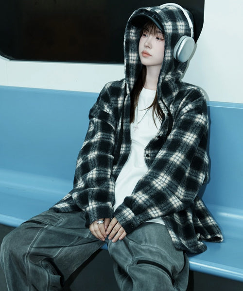 フード付きチェック柄シャツ / 16299