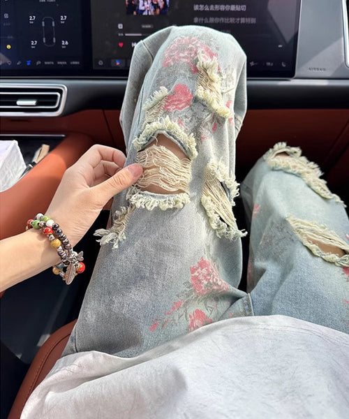 花柄ダメージ加工ルーズデニムパンツ / 15655