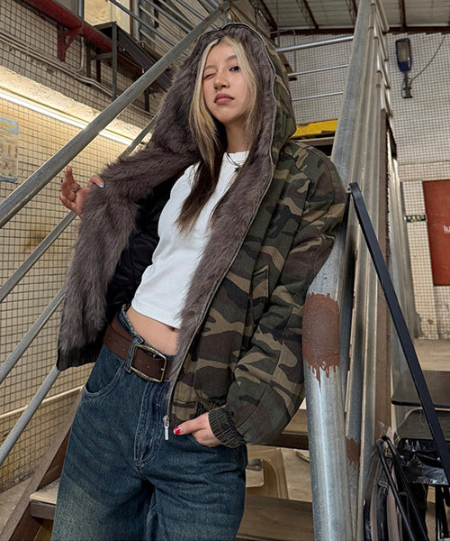 カモフラージュ柄ファーフードブルゾン / 15453